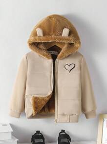 SHEIN 嬰兒女童休閒心形印花連帽毛絨外套,3d耳朵設計 - 卡其色 - 查看 1