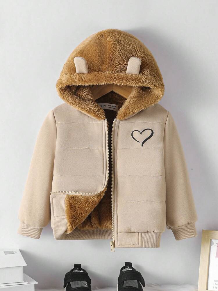 Baby Girls' Casual Heart Print Fleece Hooded Jacket With 3d Ear Design