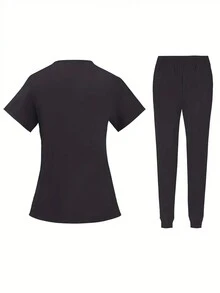 2pcs/Set Scrub Uniform With Pockets & Zipper Front Top And Pants - Black - View 2