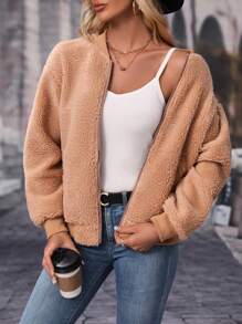 SHEIN LUNE 女士純色拉鍊夾克 - 棕色 - 查看 5