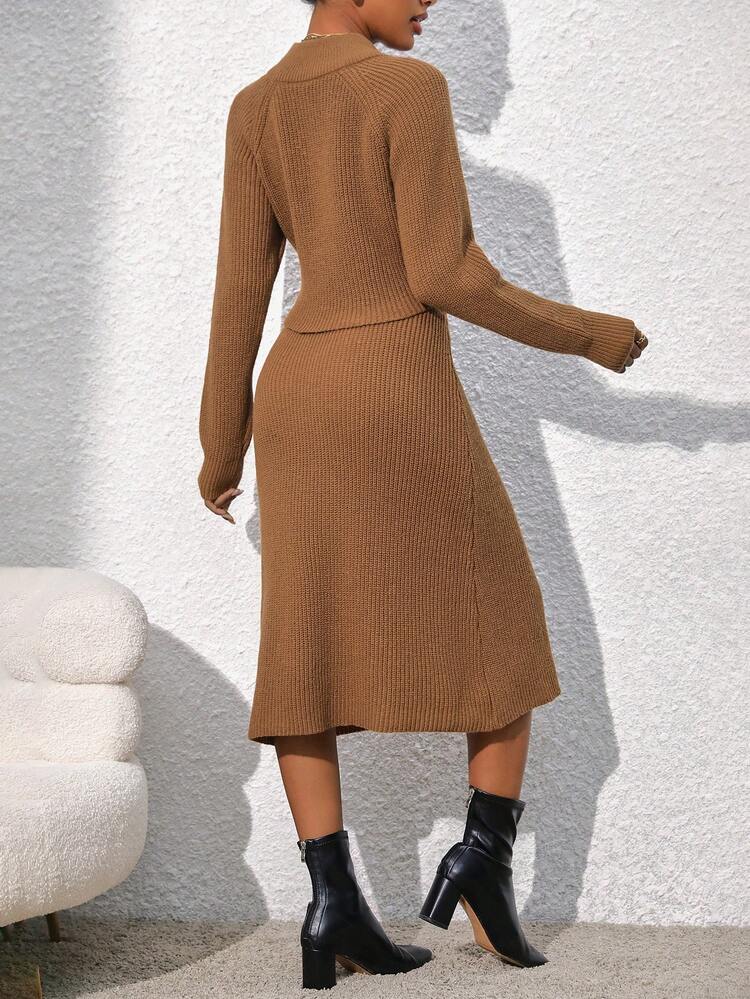 Raglan Sleeve Half Zip Sweater & Knit Skirt Fall Cloth For Women