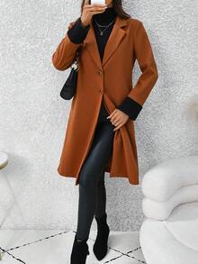 SHEIN Clasi 女士單排釦兩色袖口羊毛大衣 - 咖啡棕 - 查看 6