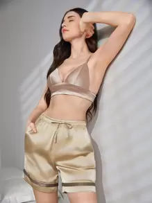 Ocili Leisure Contrasted Drawstring Waist Pajama Shorts - Apricot - View 3