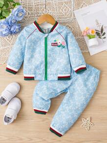 Baby Girls' Letter & Floral Print Baseball Jacket And Pants Set - Green - View 1
