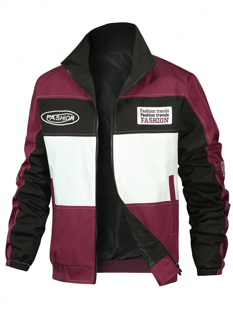 Men's Loose Fit Letter Embroidery Colorblock Zipper Jacket