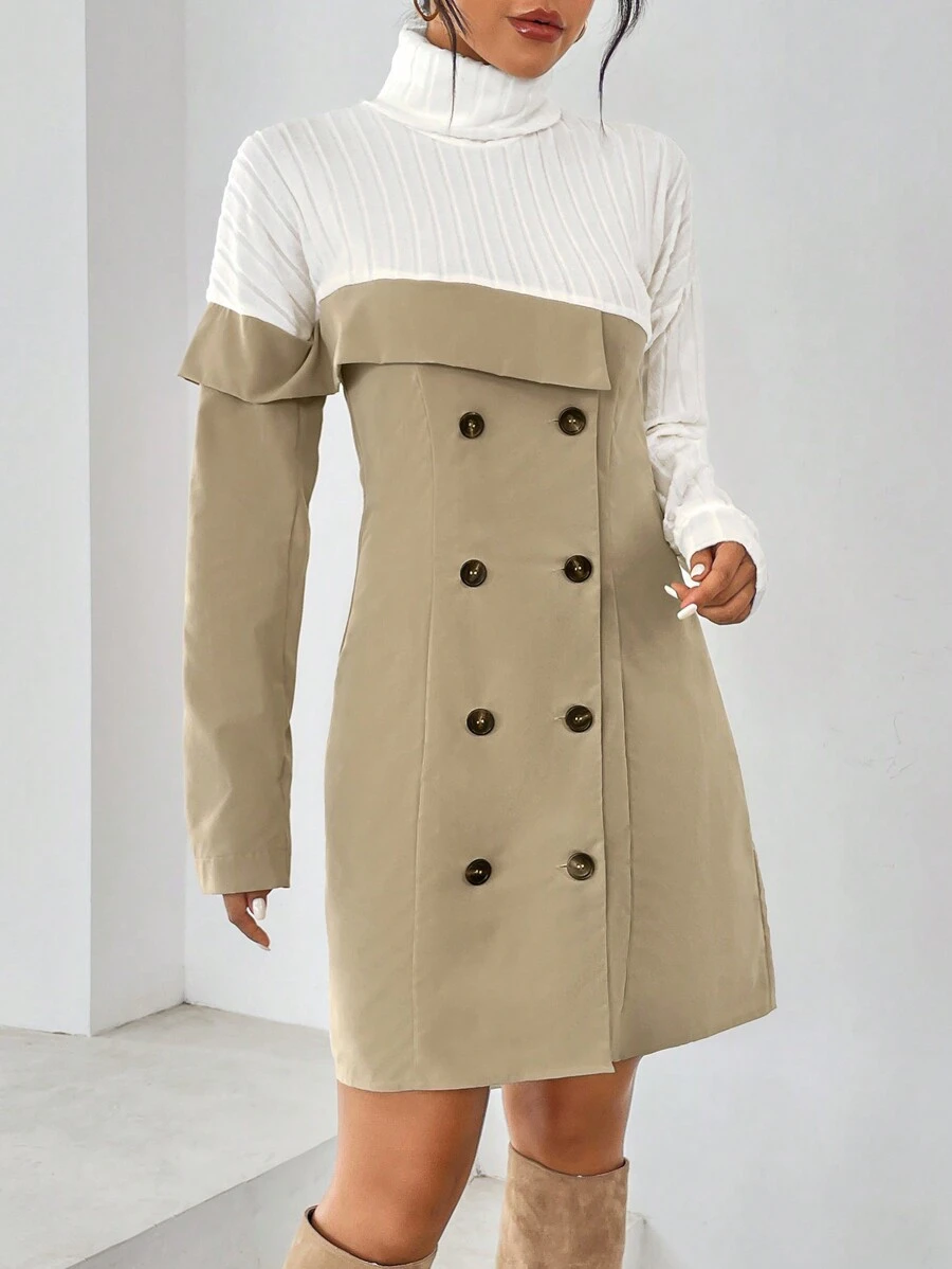 SHEIN Privé Vestido De Botones De Doble Hilera Y Bloques De Colores Para Mujer - Caqui - Ver 1