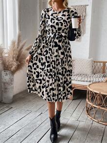 SHEIN LUNE Women's Allover Printed Pleated Dress - Apricot - View 5