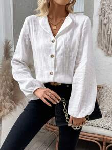 SHEIN LUNE 女性素色燈籠袖襯衫 - 白色 - 查看 1