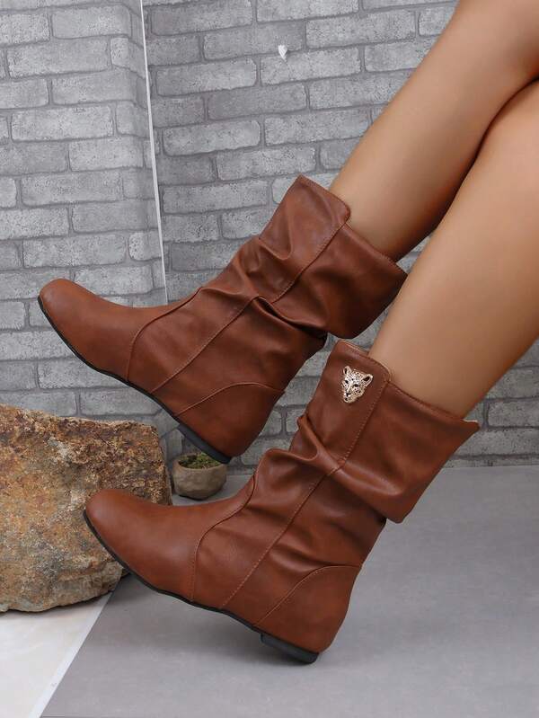 Women's Midcalf Boots Brown Pleated Boots Fashionable Winter Boots