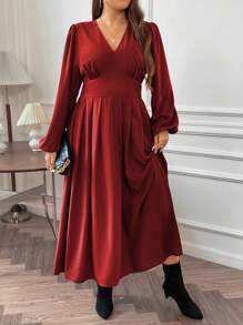 SHEIN Franclia 女性加大碼燈籠袖v領連衣裙 - 酒紅色 - 查看 5