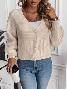 SHEIN Essnce Drop Shoulder V-neck Cardigan - Beige - View 6