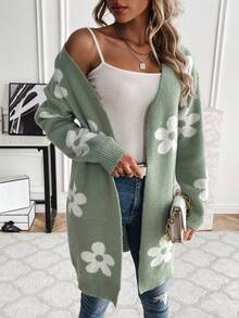 SHEIN Essnce 女士花朵圖案開襟毛衣 - 綠色 - 查看 5