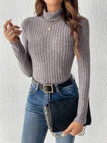 SHEIN Essnce Áo thun nữ Gân đan màu trơn Giải trí - Màu Xám nhạt - Xem 1