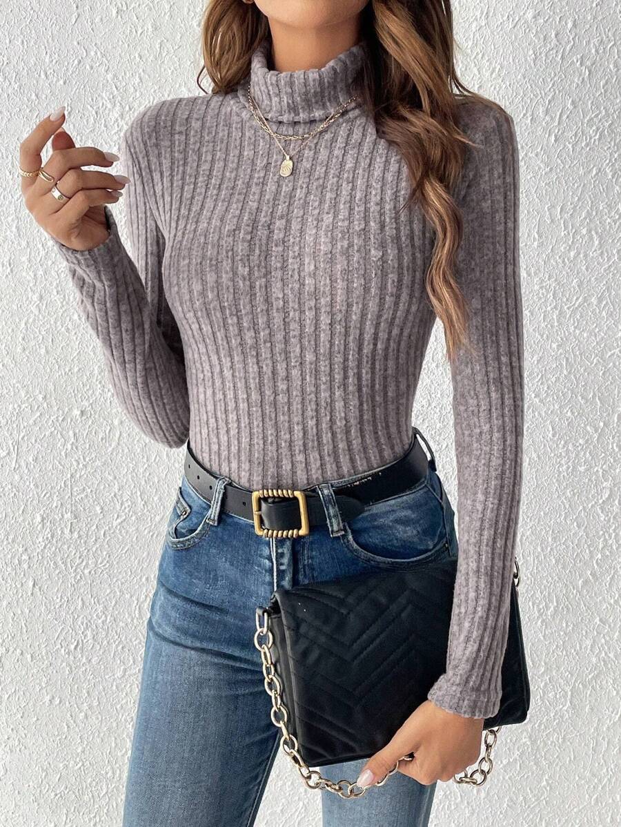 SHEIN Essnce Áo thun nữ Gân đan màu trơn Giải trí - Màu Xám nhạt - Xem 1