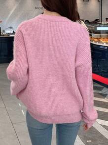 DAZY Áo len cổ tròn tay trễ vai màu trơn, áo dài tay mùa thu - Hồng - Xem 2