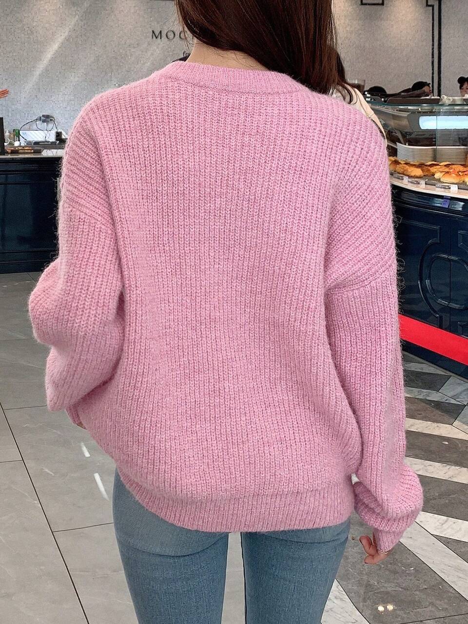 Solid Color Round Neck Drop Shoulder Sleeve Sweater,Long Sleeve Tops Fall