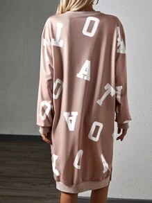 SHEIN Essnce Letter Graphic Drop Shoulder Split Hem Sweatshirt Dress - Khaki - View 2