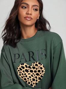Vitoria Brayner Women's Leopard Print Heart & Letter Printed Drop Shoulder Fleece Sweatshirt - Green - View 2