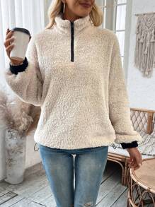 SHEIN LUNE Women'S Drop Shoulder Teddy Sweatshirt - Apricot - View 6