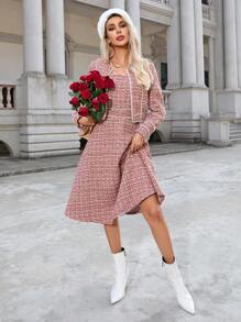 SHEIN Privé 女式長袖格子外套和連身裙套裝 - 紅色 - 查看 1