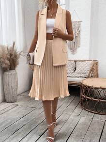 SHEIN VCAY 女士們無袖套裝夾克背心和百褶半身裙套裝 - 杏色 - 查看 4