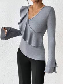 SHEIN Privé Women's Long Sleeve Ruffle Hem Design T-shirt - Dark Grey - View 6