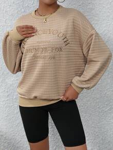 SHEIN Essnce Thêu Chữ Thả vai Áo nỉ - Màu Khaki - Xem 5