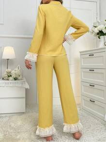 Contrast Ruffle Trim PJ Set / Pajama Set - Yellow - View 2