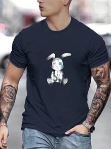 男士卡通兔子印花圆领短袖休闲百搭 T 恤 - 藏蓝色 - 查看 1
