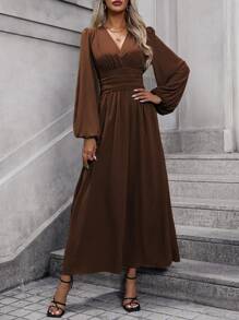 EMERY ROSE Lantern Sleeve Split Thigh Dress Maxi Women Outfit Fall Cloth For Women - Chocolate Brown - View 5