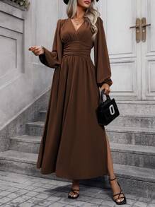 EMERY ROSE Lantern Sleeve Split Thigh Dress Maxi Women Outfit Fall Cloth For Women - Chocolate Brown - View 7