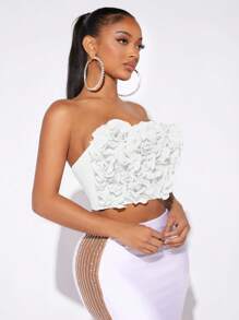 SHEIN SXY Appliques Detail Crop Tube Top Bachelorette Party Valentine Day Spring Women Clothes 3D Rose Going Out Tops - White - View 3