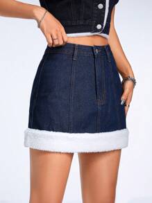 SHEIN ICON 女性牛仔半身裙帶下擺 - 藍色 - 查看 3