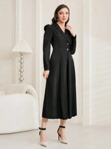 Modelyn 女士鈕扣立領連身裙 - 黑色 - 查看 6