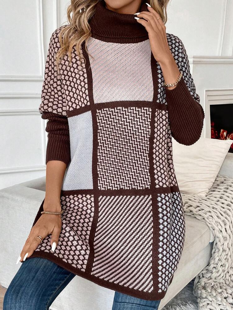 Women's Plaid Hem Slit Knit Pullover Fall Winter Sweater