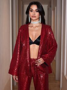 EURMUSE Women's Sparkly Red Blazer Jacket - Red - View 3