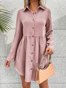 SHEIN VCAY Của phụ nữ Cuộn tay áo Váy sơ mi - Bụi hồng - Xem 5