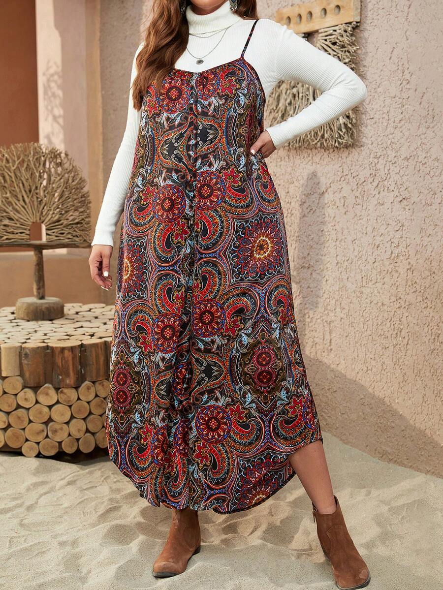 SHEIN VCAY Của phụ nữ Kích thước lớn In thực vật Áo liền quần Với Dây đai mỏng - Nhiều màu - Xem 1