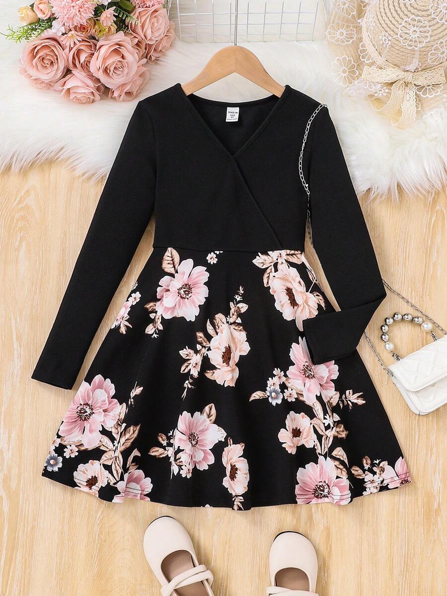 SHEIN 少女休閒針織v領長袖花朵拼接裙,適用於秋冬季節
