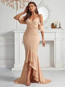 SHEIN Belle 冷肩露肩設計,荷葉邊修飾,人魚裙擺設計的伴娘禮服 - 卡其色 - 查看 3