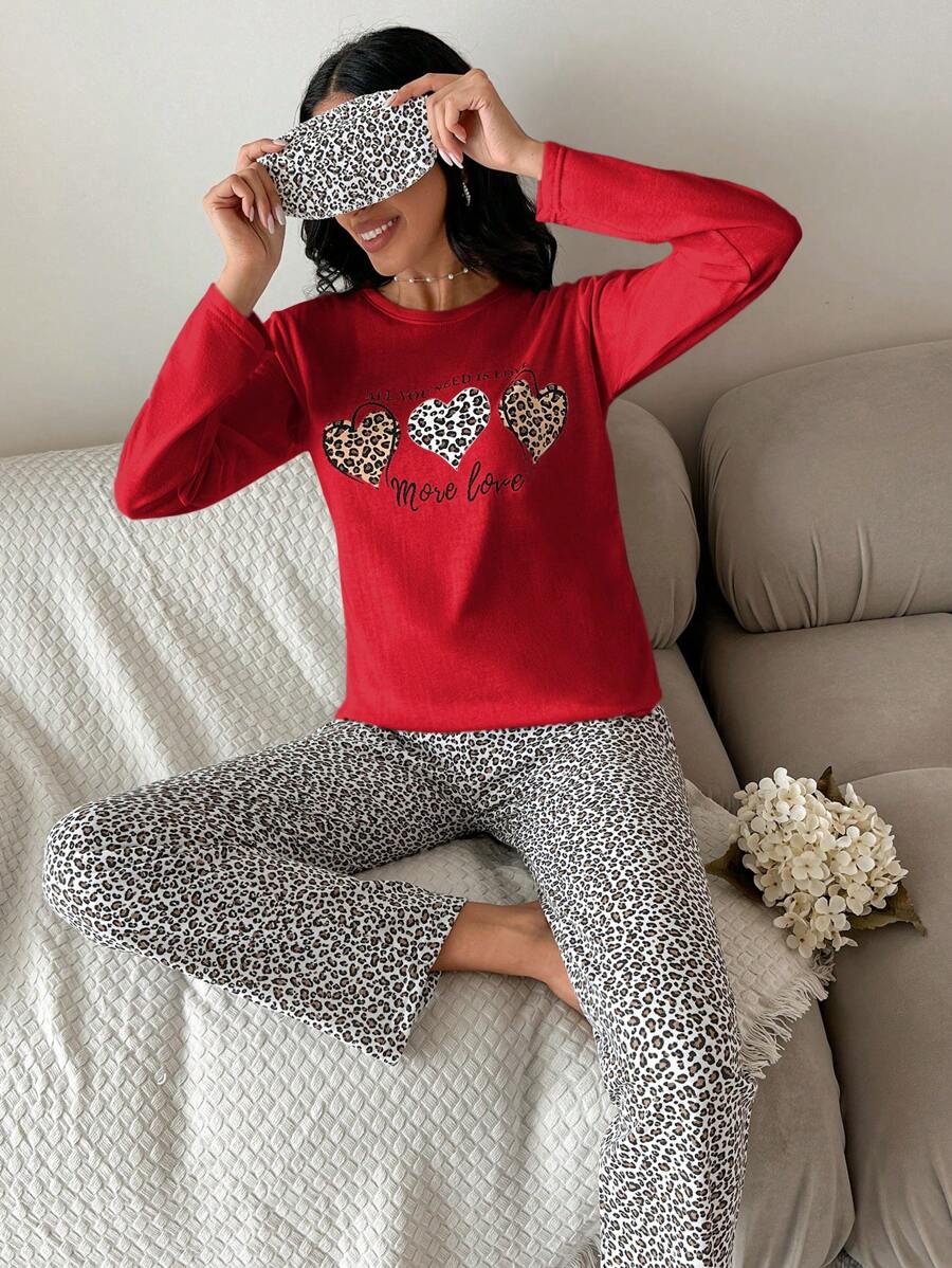 SHEIN Cottnline 女士心形豹纹睡衣套装(含上衣和裤子) - 紅色 - 查看 1