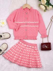 Baby Girls' Geometric Jacquard Frill Hem Sweater Set - Pink - View 1
