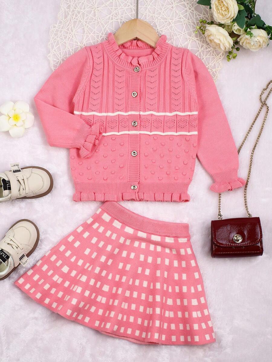 Baby Girls' Geometric Jacquard Frill Hem Sweater Set - Pink - View 1