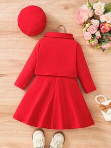 Little Girls' Butterfly Decorated Top And Solid Color Dress Set - Red - View 2