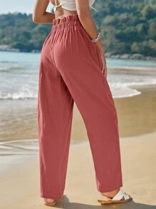 SHEIN Frenchy 100% Cotton High Waist Button Fly Fold Pleated Pants - Dusty Pink - View 5