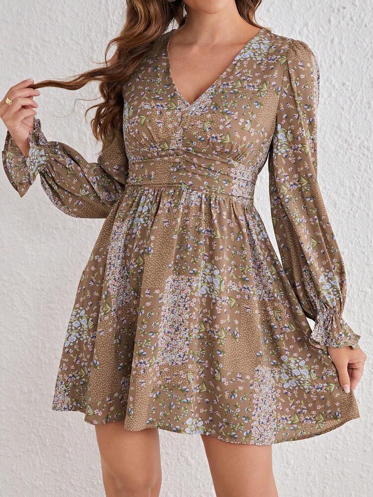Ditsy Floral Print Flounce Sleeve Ruched Waist Dress Winter Vacation Brown Flower Beach