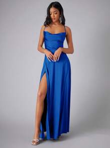 SHEIN Belle Brautjungfernkleid mit gerafftem Kragen, umwickeltem Saum, Satinträger, elegant, für formelle Abendveranstaltungen, Abschlussball, Dinner-Party-Kleid - Königsblau - Übersicht 4
