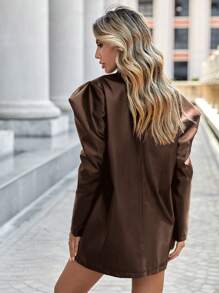 SHEIN Privé Lapel Neck Double Breasted Belted PU Coat - Brown - View 2