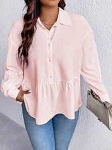 SHEIN LUNE Plus Size Women'S Drop Shoulder Ruffle Hem Blouse - Pink - View 4