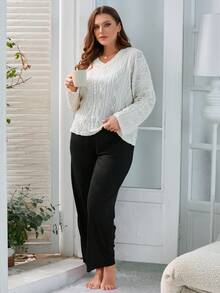 大码纯色落肩 T 恤和裤子家居服套装 - 杏色 - 查看 2